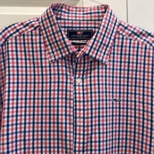 Red, white and blue Whale Shirt.  Long sleeve, button down.